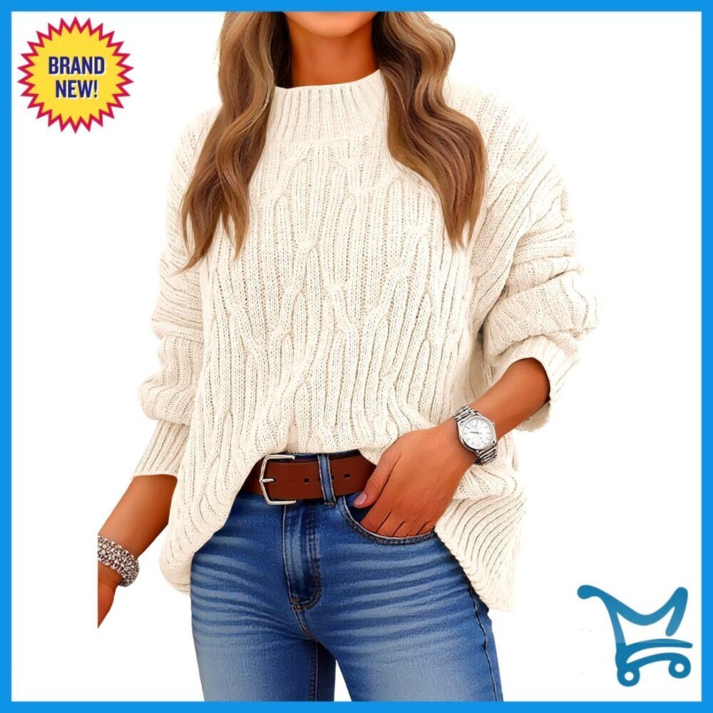 Oversized Cable Knit Mock Turtle Neck Sweater, Thick Acrylic, Fall Winter
